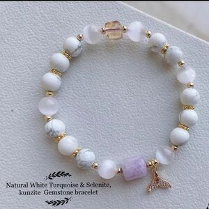 - Natural White Turquoise Selenite, kunzite bracelet